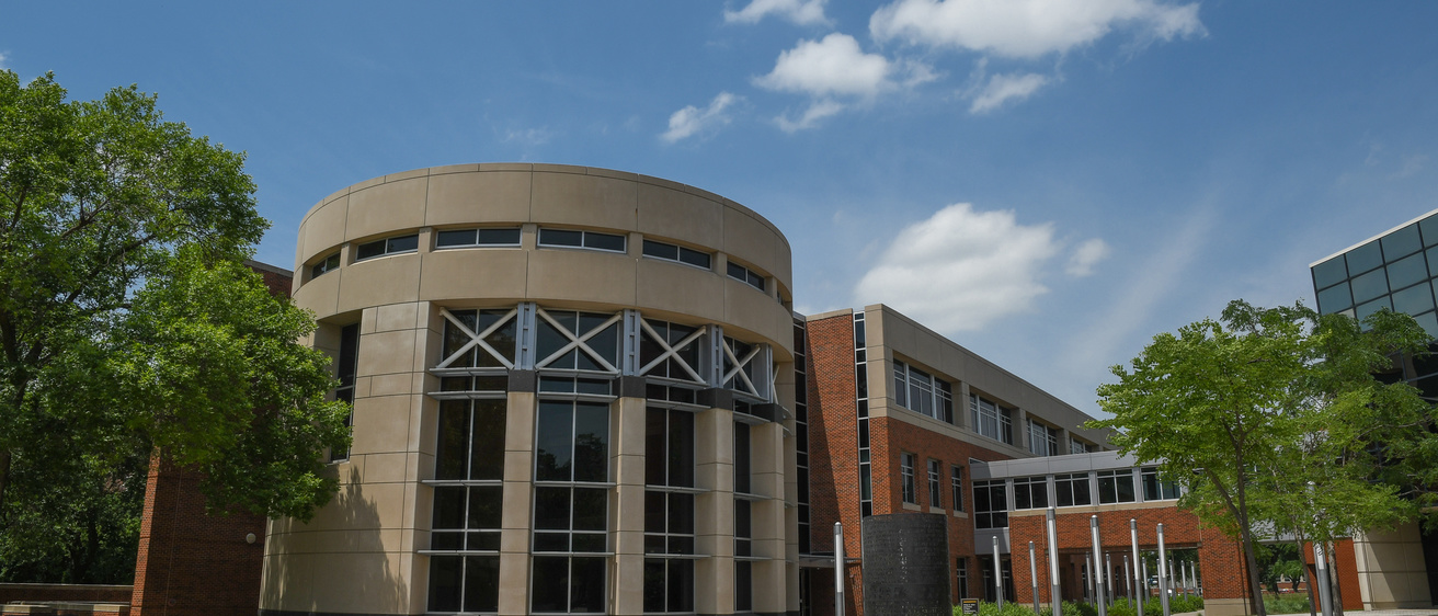 Outside photo of the Adler Journalism Building